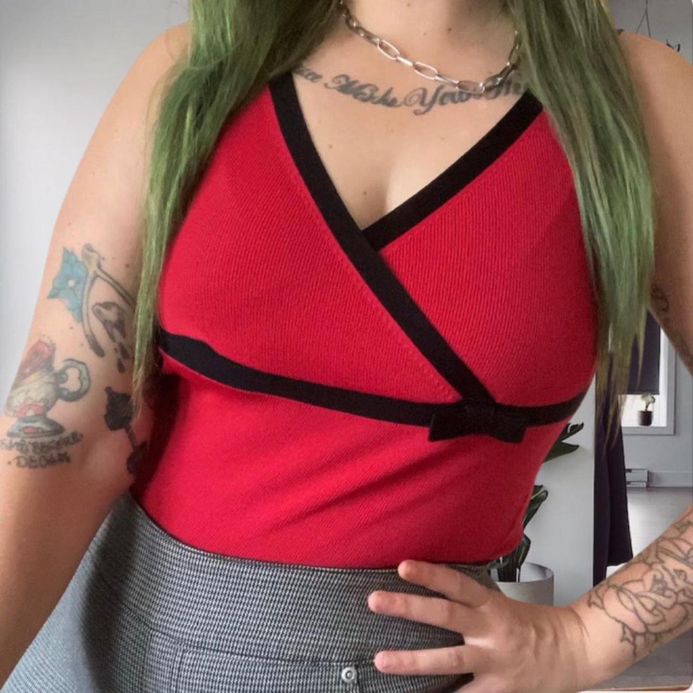 Vintage 90s Stretchy Bow Tank Blouse Red  Small Petite